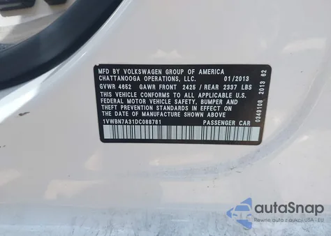 2013 Volkswagen Passat 2.0L Tdi Se z USA, uszkodzony, nr VIN 1VWBN7A31DC088781